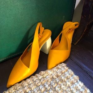 Designer Mercedes Castillo mustard yellow Italian leather pointed toe slingbacks